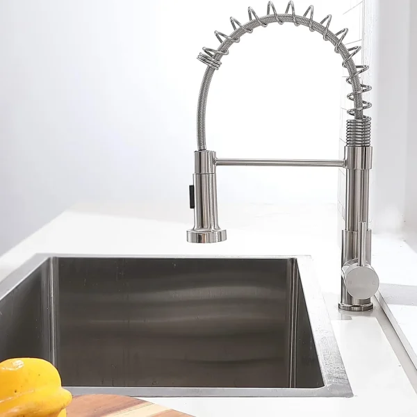 Commercial Brushed Nickel Kitchen Faucet with Pull Down Sprayer, Modern Stainless Steel Single Handle Spring Kitchen Faucets - Image 5