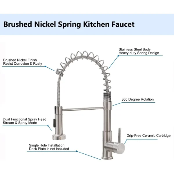 Commercial Brushed Nickel Kitchen Faucet with Pull Down Sprayer, Modern Stainless Steel Single Handle Spring Kitchen Faucets - Image 6