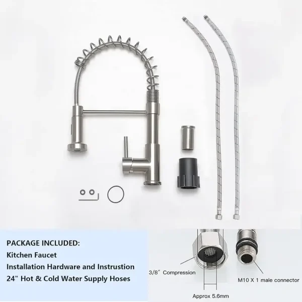 Commercial Brushed Nickel Kitchen Faucet with Pull Down Sprayer, Modern Stainless Steel Single Handle Spring Kitchen Faucets - Image 4