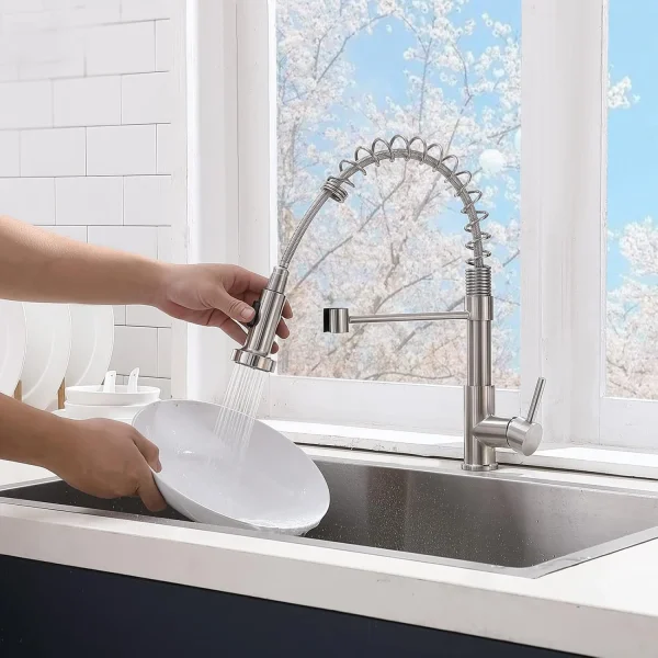 Commercial Brushed Nickel Kitchen Faucet with Pull Down Sprayer, Modern Stainless Steel Single Handle Spring Kitchen Faucets - Image 2