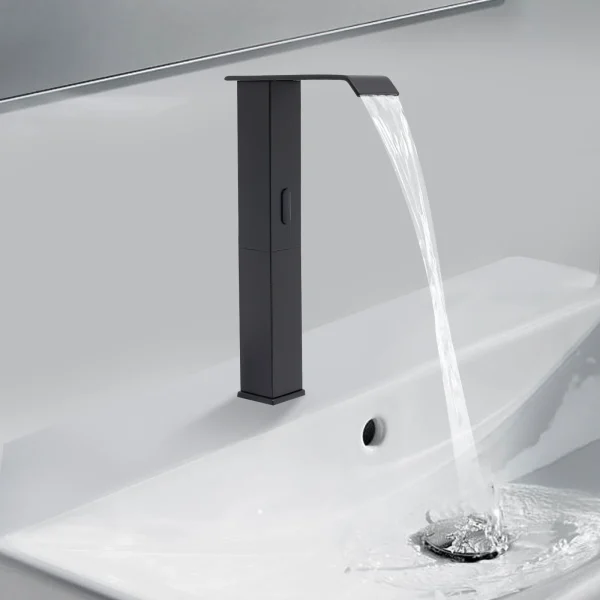 Touchless Sensor Faucet with Waterfall Spout, Adjustable Temperature Valve, Black Finish, Ideal for Kitchen and Bathroom Use - Image 2