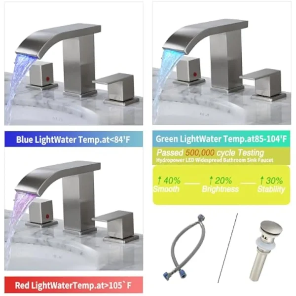 Bathroom Faucets 3 Hole Widespread Brushed Nickel Bathroom Sink Faucet 8 Inch Led Light Modern 3 Hole Vanity Faucet Bathroom Wi - Image 2