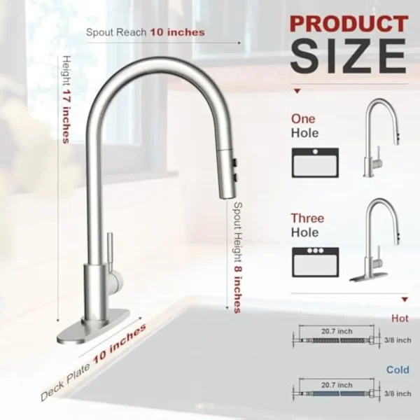 Brushed Nickel Kitchen Faucets with Pull down Sprayer 17 Inch Single Handle 1 or 3Holes High Arch Kitchen Sink Faucet - Image 2