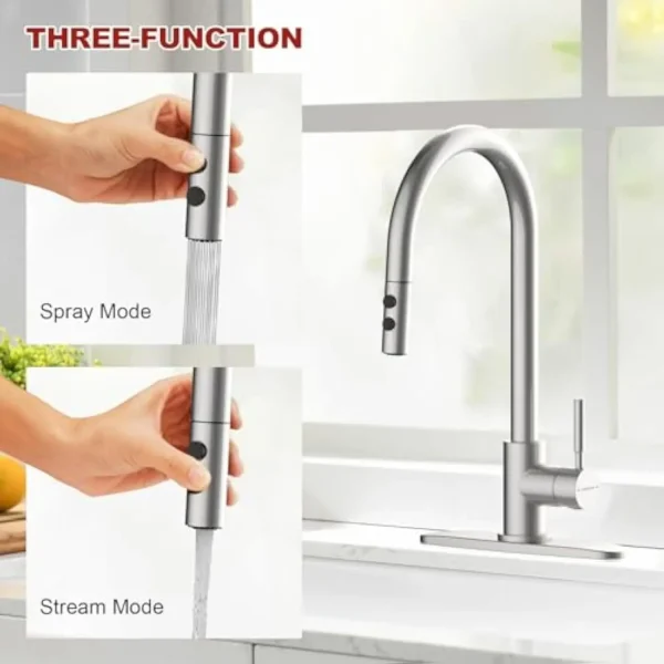 Brushed Nickel Kitchen Faucets with Pull down Sprayer 17 Inch Single Handle 1 or 3Holes High Arch Kitchen Sink Faucet - Image 3