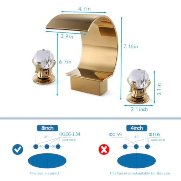 Bathroom Sink Faucet 3 Hole Widespread Waterfall Bathroom Faucets with Crystals Handles Basin Mixer Tap 8 英寸 High Arc Vanity - Image 4