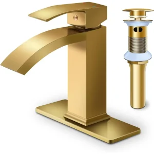 Bathroom Sink Faucet, Waterfall Faucets, Single Handle Single Hole Sink Faucet Commercial Vanity Basin Tap with Pop Up Drain