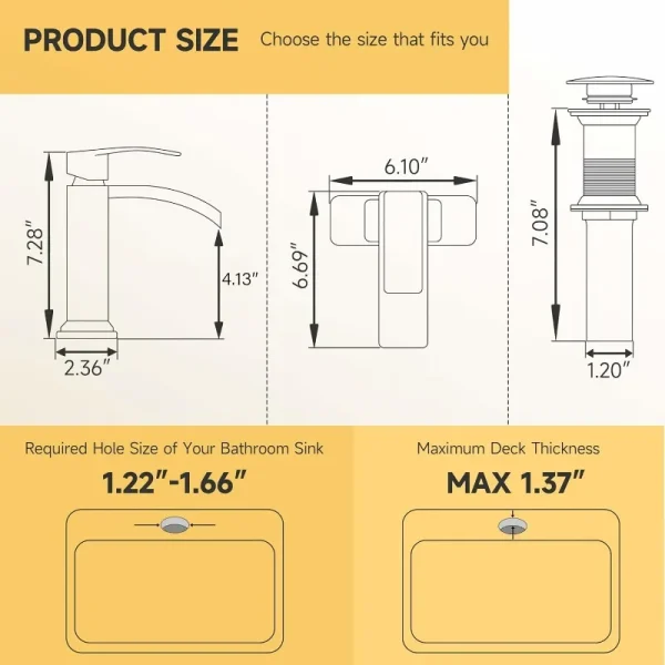Bathroom Sink Faucet, Waterfall Faucets, Single Handle Single Hole Sink Faucet Commercial Vanity Basin Tap with Pop Up Drain - Image 2