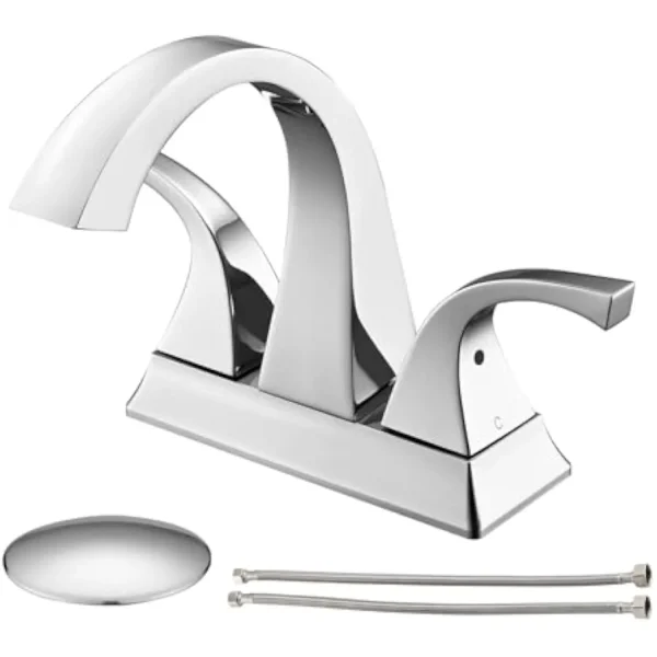 Centerset Bathroom Sink Faucet, 4 Inch Bathroom Faucet for 3 Holes, 2 Handle Brass Centerset Vanity Sink Faucet with Pop up Dra