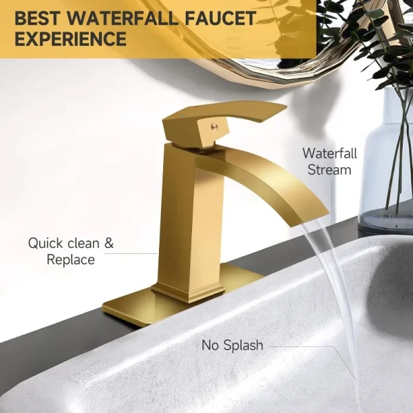 Bathroom Sink Faucet, Waterfall Faucets, Single Handle Single Hole Sink Faucet Commercial Vanity Basin Tap with Pop Up Drain - Image 3