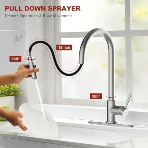 Brushed Nickel Kitchen Faucets with Pull down Sprayer 17 Inch Single Handle 1 or 3Holes High Arch Kitchen Sink Faucet - Image 4