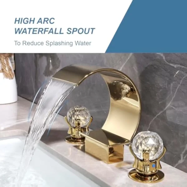 Bathroom Sink Faucet 3 Hole Widespread Waterfall Bathroom Faucets with Crystals Handles Basin Mixer Tap 8 英寸 High Arc Vanity - Image 3